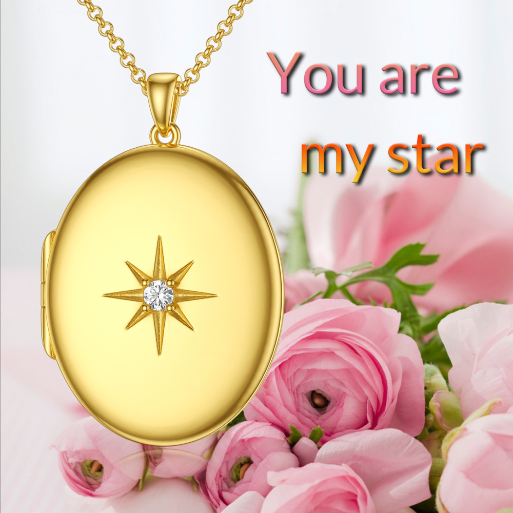 Gold Vermeil Circle Zircon Star Personalized Photo Locket Necklace for Women Men-10