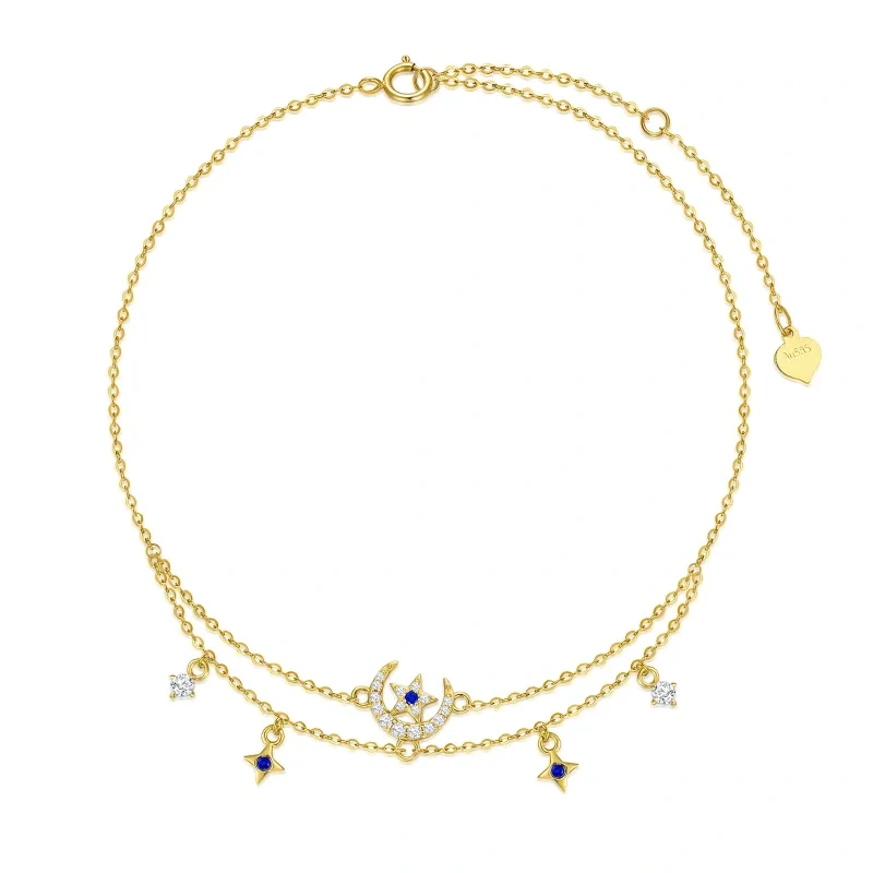 Tornozeleira com pingente multicamadas de zircônia e lua e estrela em ouro 10K-12