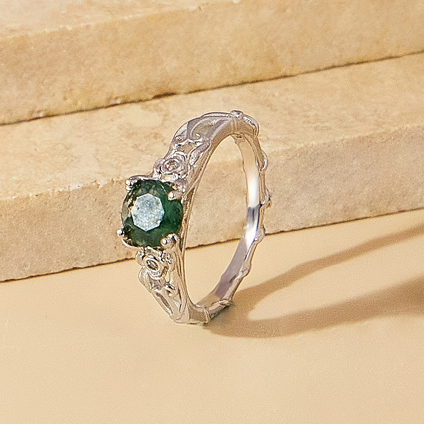 Personalized Natural Moss Agate 925 Sterling Silver Statement Ring Gifts for Women-5