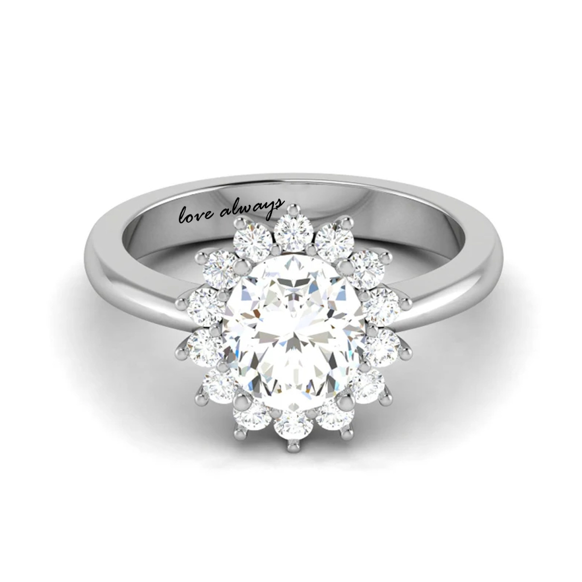 Personalized Sunflower 1 Carat Halo Oval Cut Moissanite Sterling Silver Engagement Ring-3