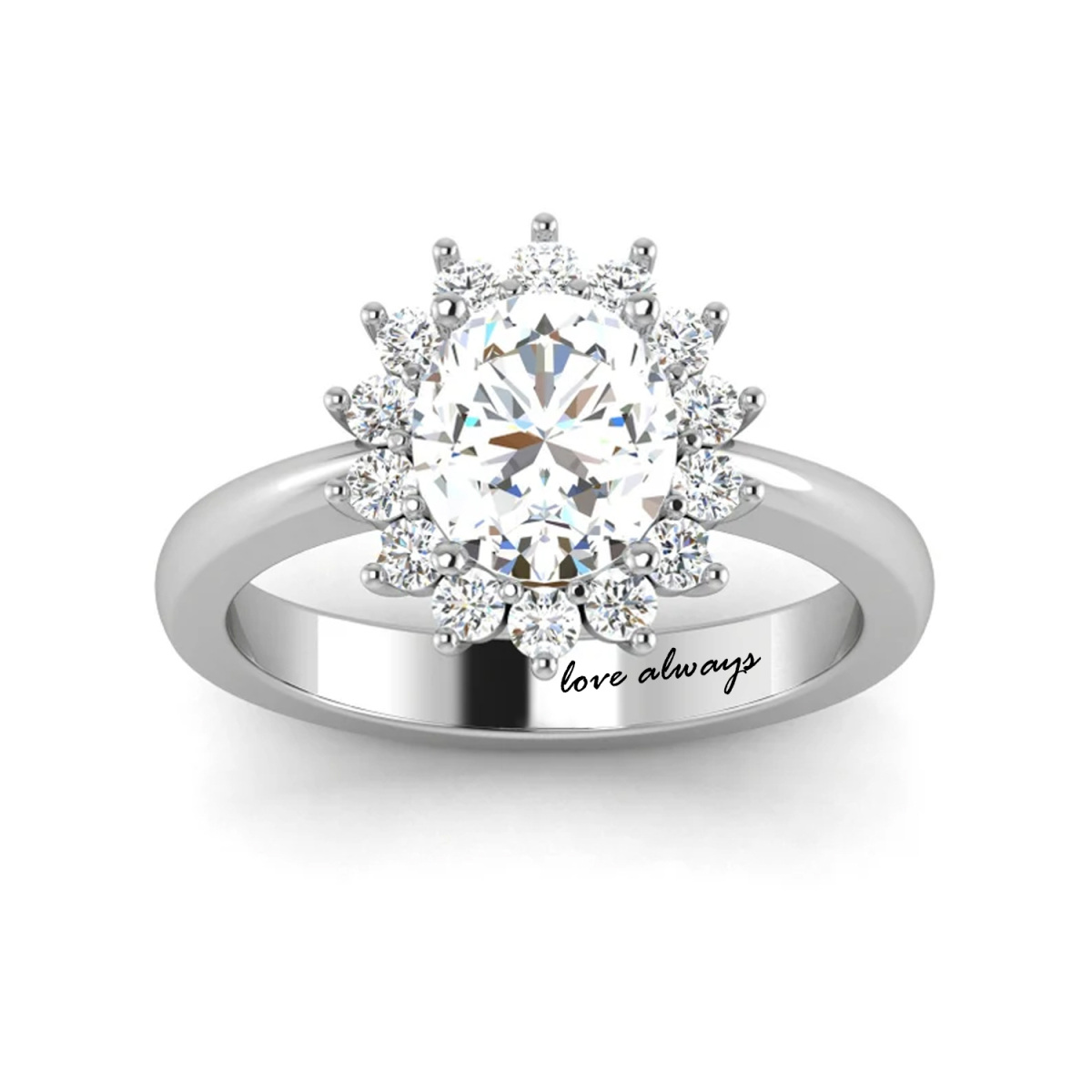 Personalized Sunflower 1 Carat Halo Oval Cut Moissanite Sterling Silver Engagement Ring-4