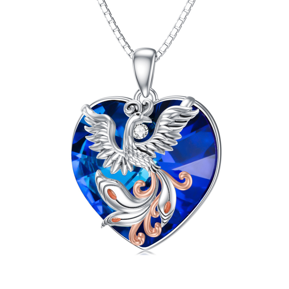 Sterling Silver Two-tone Phoenix Heart Crystal Necklace for Women-1
