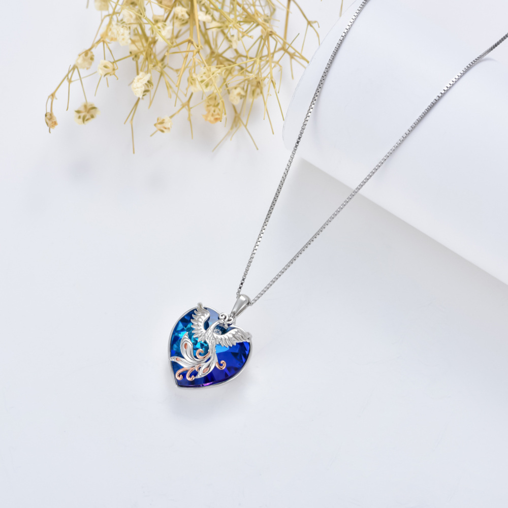 Sterling Silver Two-tone Phoenix Heart Crystal Necklace for Women-4