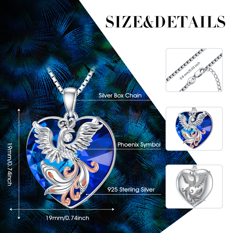 Sterling Silver Two-tone Phoenix Heart Crystal Necklace for Women-5