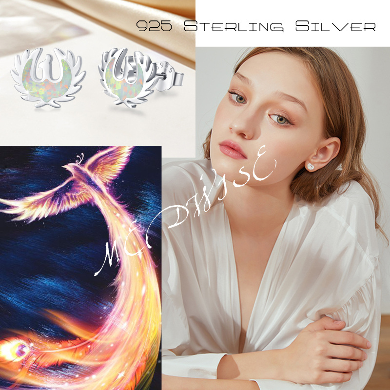 Sterling Silver Opal Phoenix Stud Earrings-5