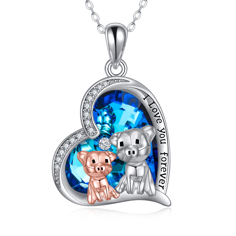 Sterling Silver Two-tone Pig Heart Crystal Engraved Necklace for Women-15