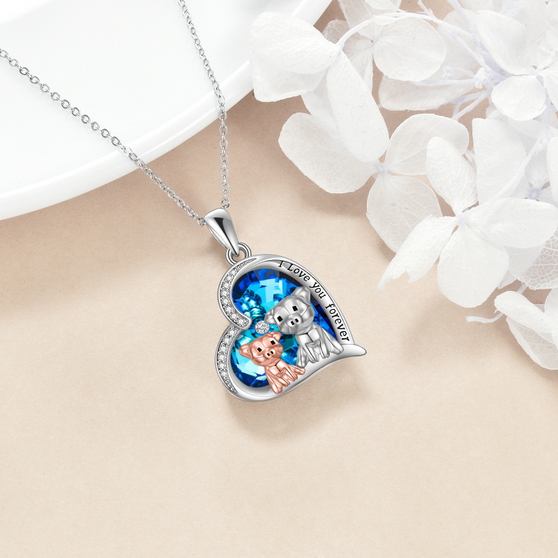 Collier en argent sterling bicolore avec cœur de cochon gravé en cristal pour femme-3
