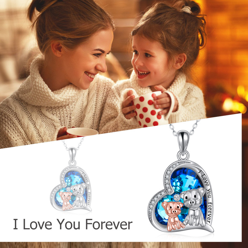 Collier en argent sterling bicolore avec cœur de cochon gravé en cristal pour femme-5