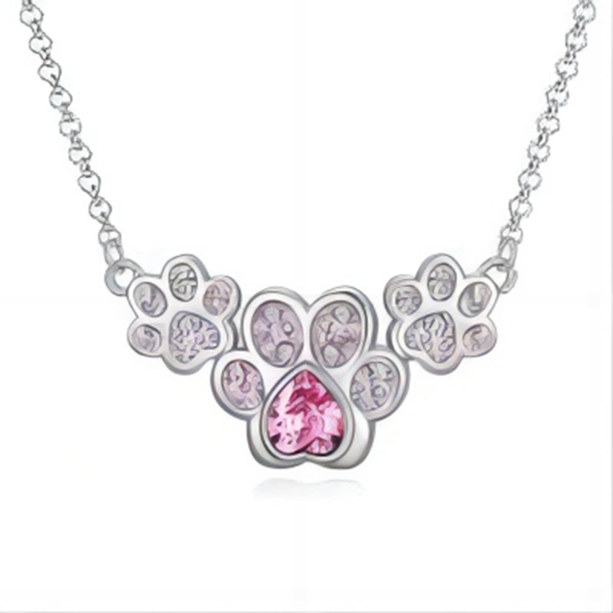 Sterling Silver Heart Crystal Paw Pendant Necklace-1