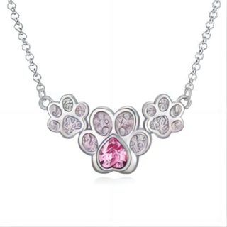 Sterling Silver Heart Crystal Paw Pendant Necklace-53