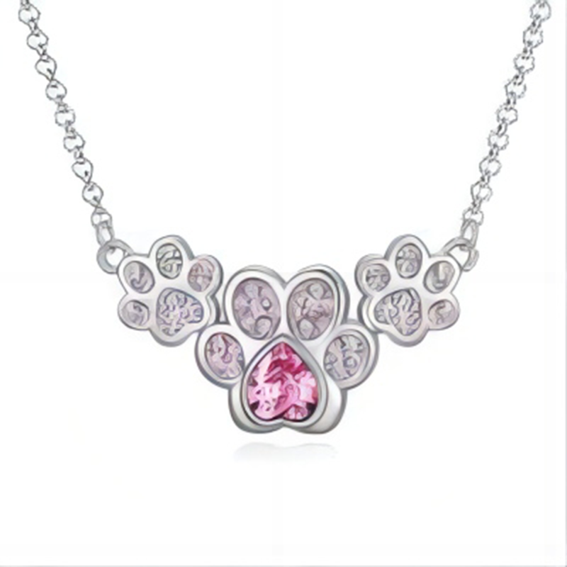 Sterling Silver Heart Crystal Paw Pendant Necklace-19