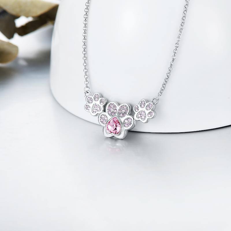 Sterling Silver Heart Crystal Paw Pendant Necklace-3