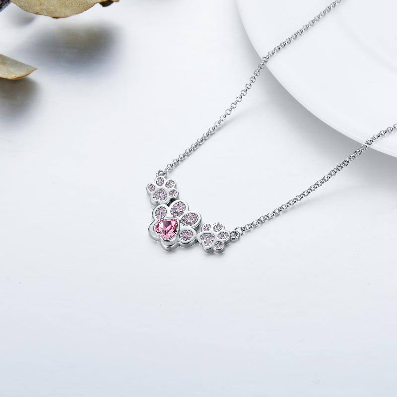 Sterling Silver Heart Crystal Paw Pendant Necklace-4