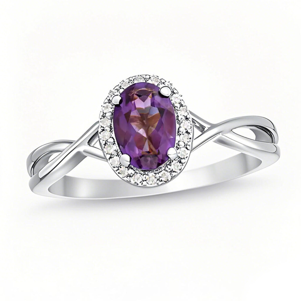 Platinum 7.0 x 5.0mm Oval Amethyst & 1/15 CT. T.W. Round Lab Created Diamond Frame Twist Shank Band D-VVS1 IGI Certified-1