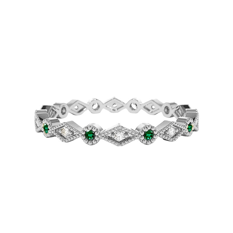 Alianza de boda Art Déco de oro blanco de 10 quilates con diamantes de 0,05 quilates en total y esmeraldas de 0,17 quilates en total.-1