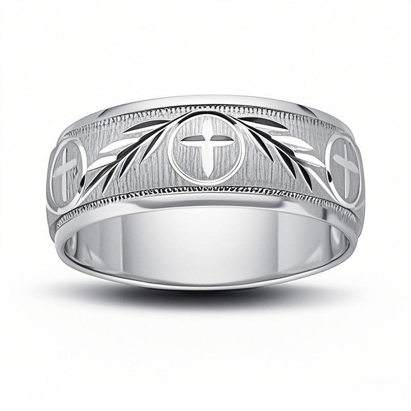 Aliança de casamento personalizada gravada em ouro branco 10K com cruz e hera de 8,0 mm para homens-1