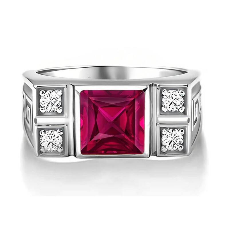 Platynowy pierścionek zaręczynowy z kamieniem szlachetnym w szlifie Princess o masie 2,12 ct i moissanitem z boku dla mężczyzn-1