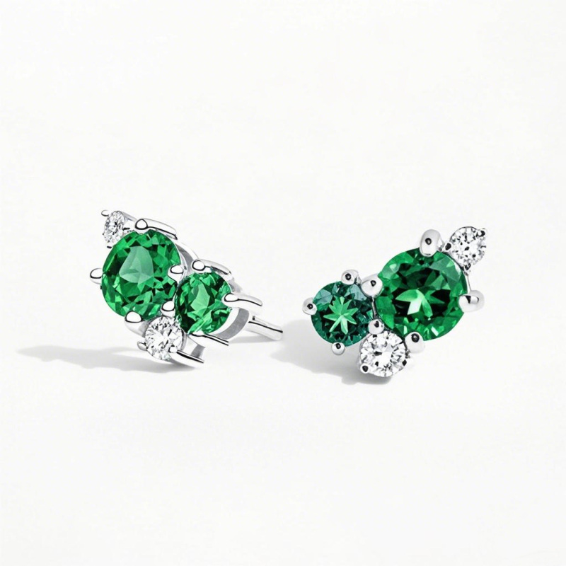 10K White Gold 0.16 CT.T.W. Emerald & Diamond Foliage Bouquet Earrings-9