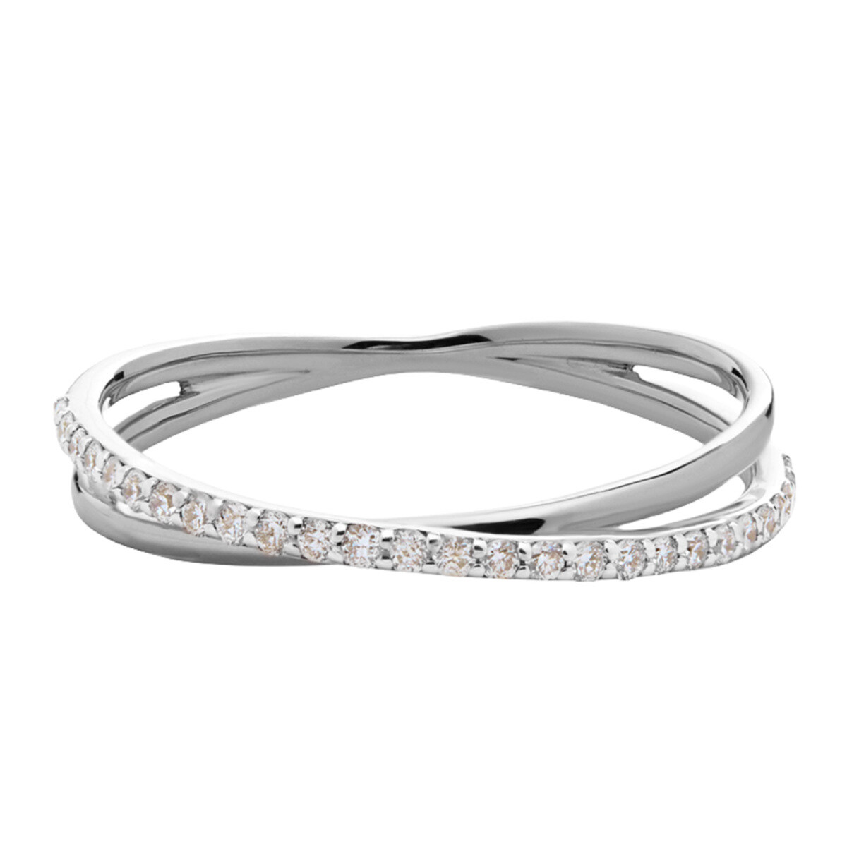 Anillo cruzado de diamantes de talla redonda de 0,16 quilates en oro blanco de 14 quilates, color D, claridad VVS-1