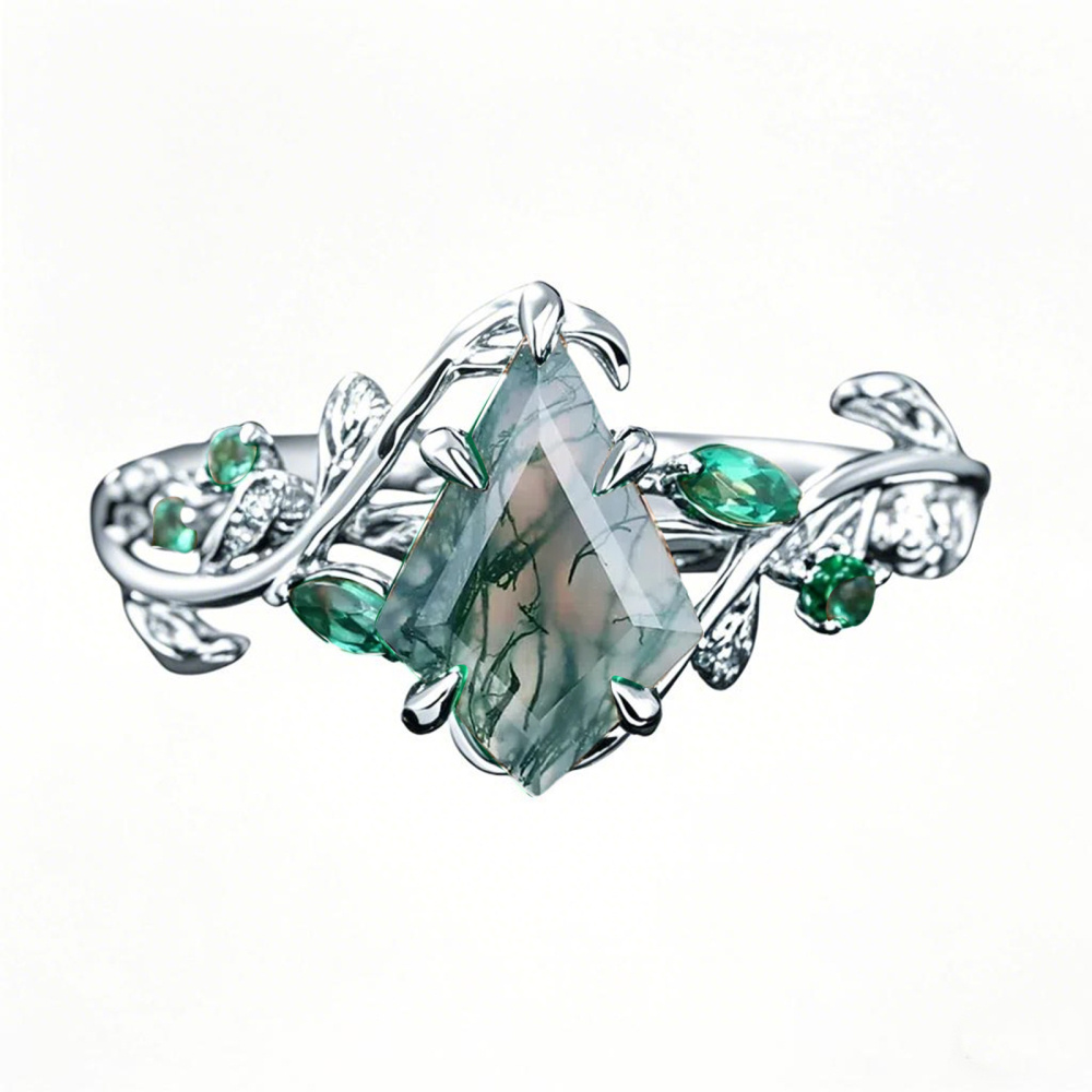 10K White Gold 1.2 CT.T.W. Kite Cut Moss Agate Custom Promise Emerald Foliage Band-1