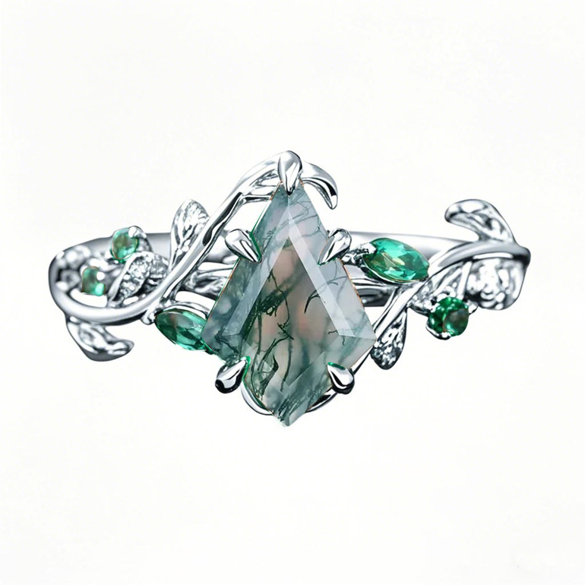 Platinum 1.2 CT.T.W. Kite Cut Moss Agate Custom Promise Emerald Foliage Band-1