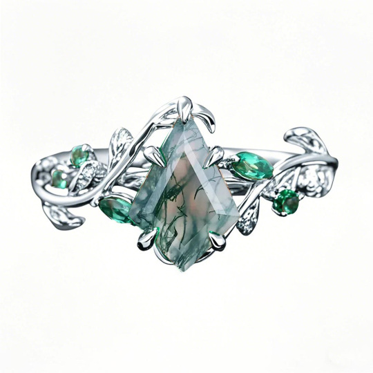 10K White Gold 1.2 CT.T.W. Kite Cut Moss Agate Custom Promise Emerald Foliage Band