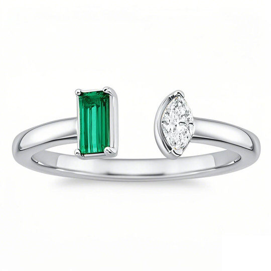 10K białe złoto, 0,25 CT diament w szlifie markizowym, stworzony w laboratorium, 0,25 CT szmaragdowy szlif, stworzony w laboratorium, otwarta obrączka ze szmaragdem