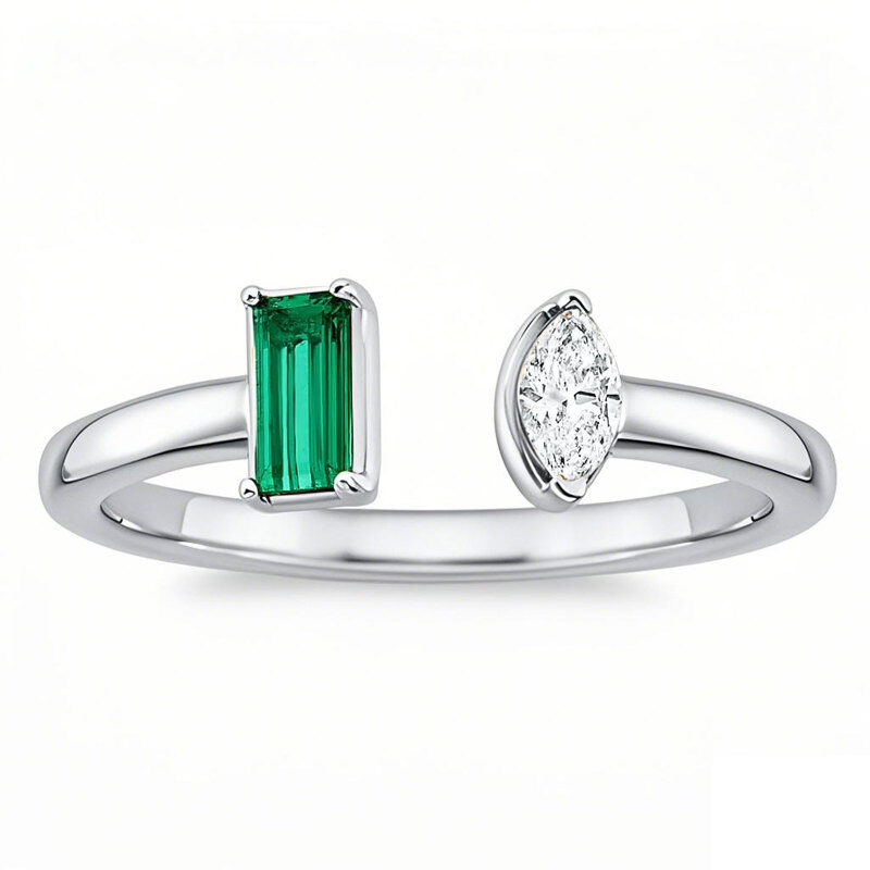 10K White Gold 0.25 CT Marquise Cut Lab Created Diamond & 0.25 CT Emerald Cut Lab Created Emerald Open Band-8