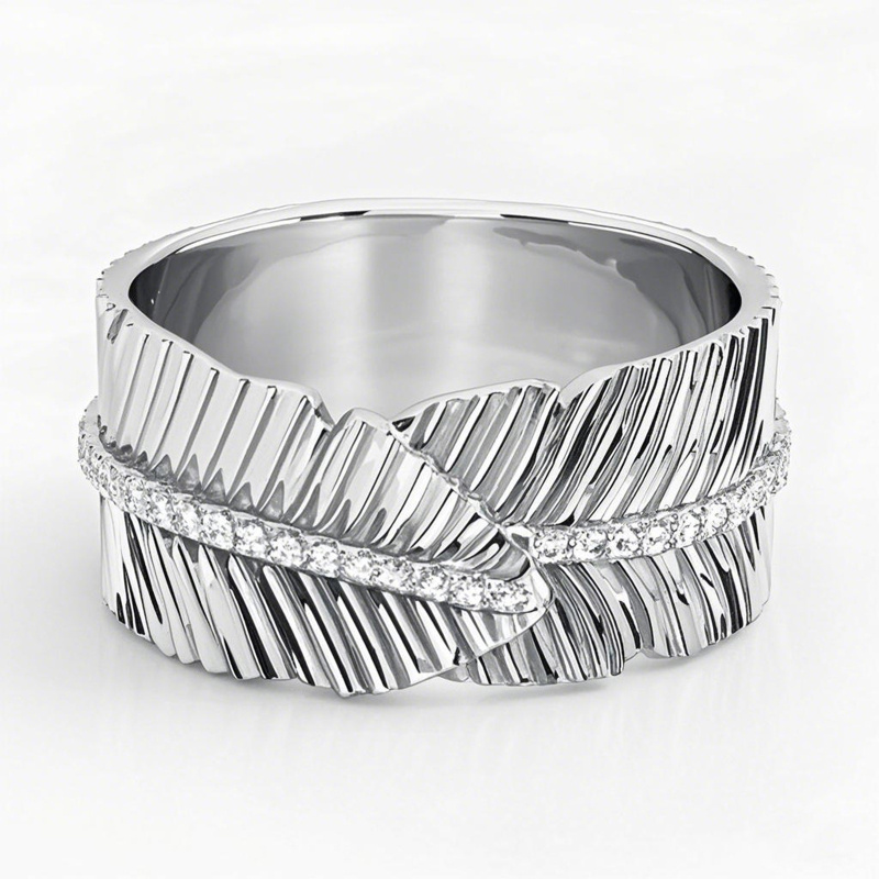 10K White Gold 0.25 CT.T.W. Round Cut Diamond Leaves Wedding Band-1