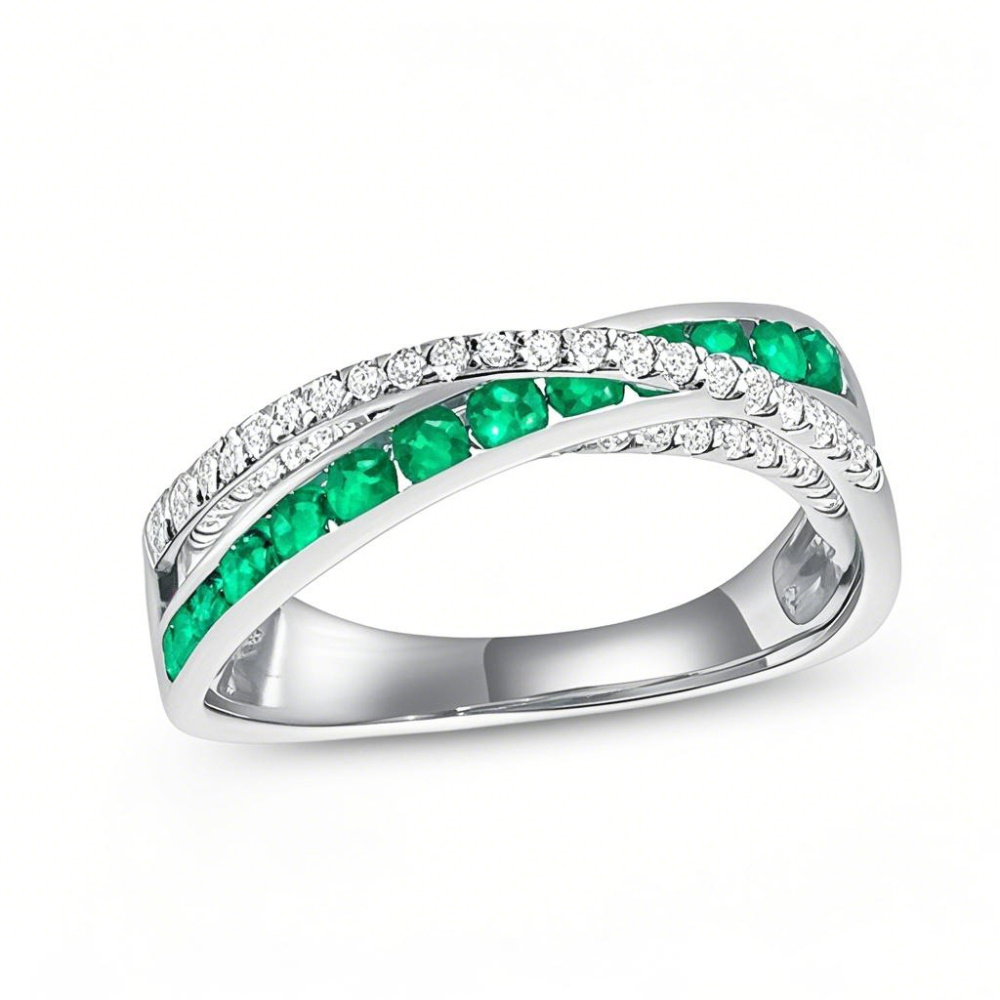 Anillo de bodas de oro blanco de 10 quilates con diamantes creados en laboratorio y esmeralda redonda de 0,25 quilates (3EX)-1