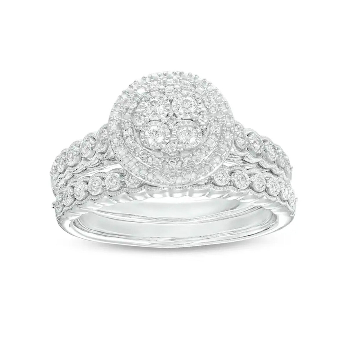 Alliance de fiançailles vintage en platine, 0,25 ct, diamant rond synthétique de laboratoire, double monture, tige festonnée-1
