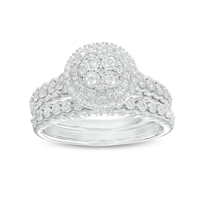 Platyna 0,25 CT.T.W. Okrągła obrączka zaręczynowa z diamentami w podwójnej oprawie w kształcie muszli, vintage-1