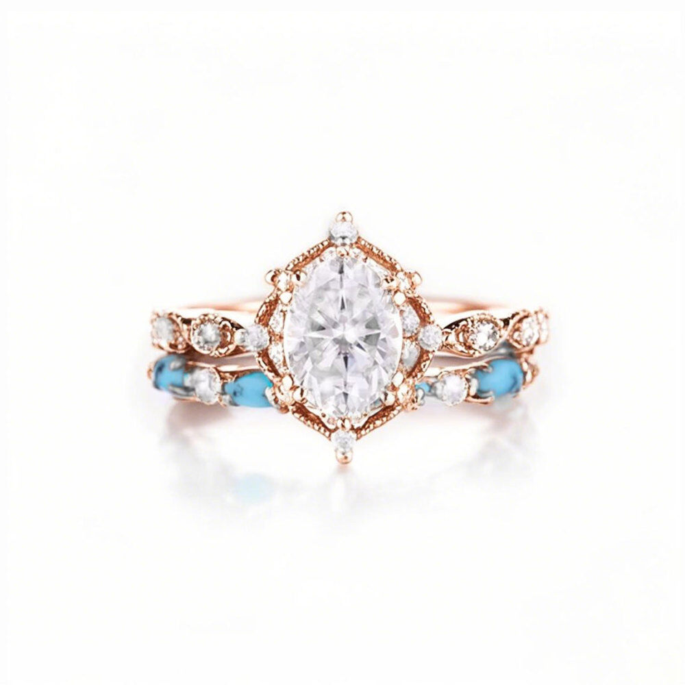 Platinum 1.25CT Oval Cut Moissanite Engagement Ring Set with Turquoise-1