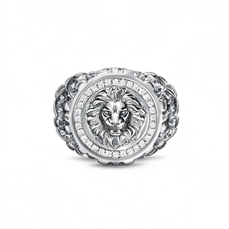 10K Białe Złoto 0.25CT.T.W. Okrągły Diamentowy Niestandardowy Pierścień Sygnetowy Z Lwem Dla Mężczyzn I Kolor I3 Czystość 3EX-1