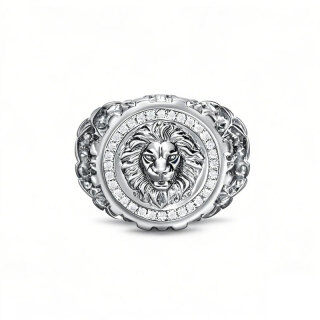 10K White Gold 0.25CT.T.W. Round Diamond Custom Lion Signet Ring for Men I Color I3 Clarity 3EX-11