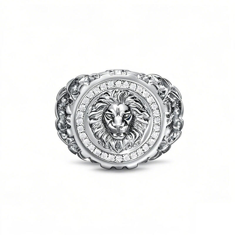 10K White Gold 0.25CT.T.W. Round Diamond Custom Lion Signet Ring for Men I Color I3 Clarity 3EX-6