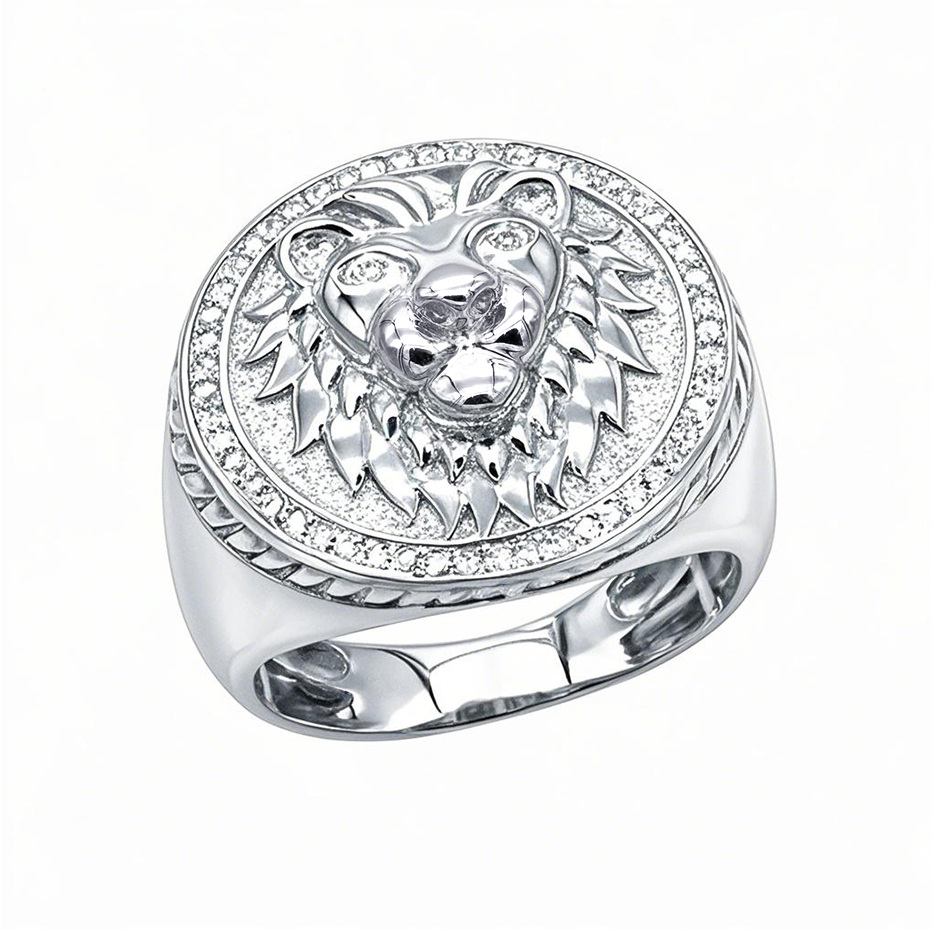 10K White Gold 0.3 CT.T.W. Round Cut Diamond Lion Signet Ring for Men-1