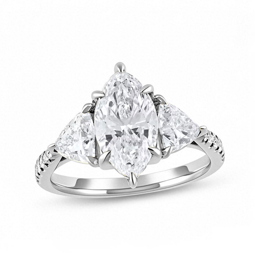 Anillo de compromiso personalizado de tres piedras con diamantes de talla pera, creado en laboratorio, en oro blanco de 10 quilates y 3,33 quilates de peso total, con certificación IGI.-1