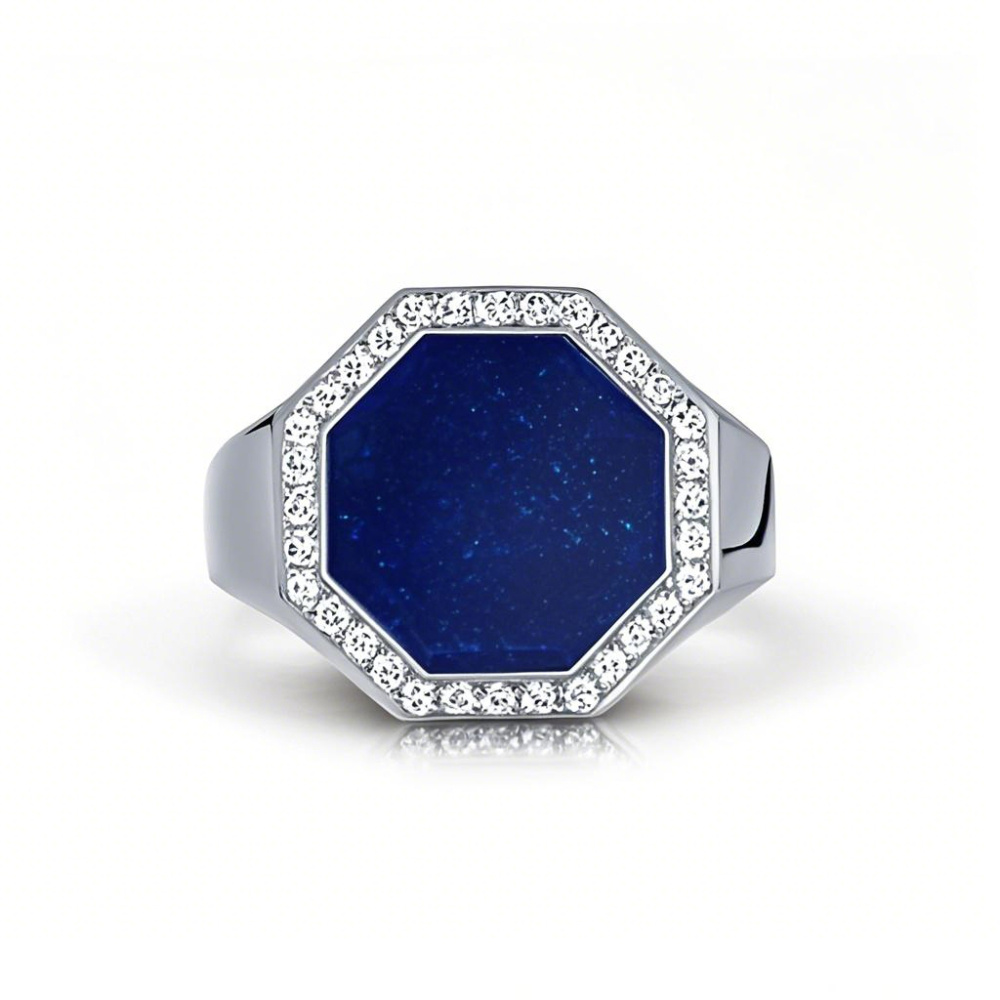 Anel de nome clássico personalizado em ouro branco 10K com zircônia cúbica e lápis-lazúli 3CT para homens-1