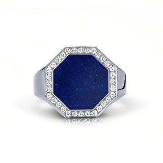 10K White Gold Cubic Zirconia & 3CT Lapis Lazuli Personalized Classic Name Ring for Men-1