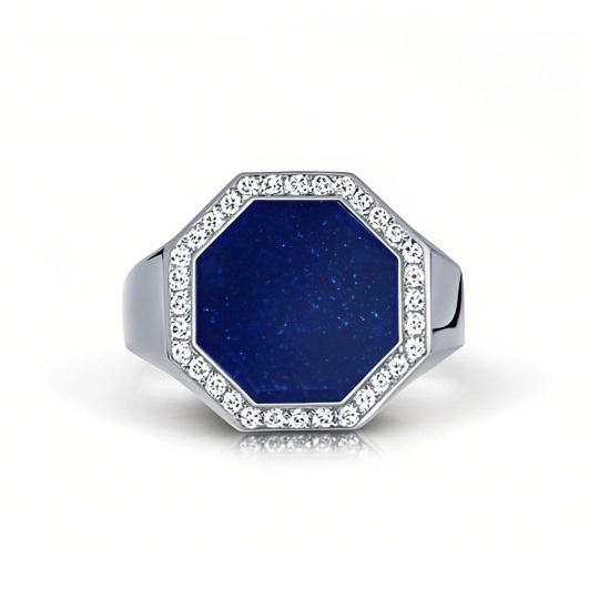 10K White Gold Cubic Zirconia & 3CT Lapis Lazuli Personalized Classic Name Ring for Men