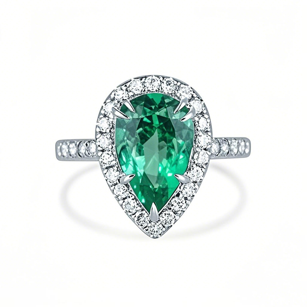 14K White Gold 3.5 CT.T.W. Pear Cut Emerald & Natural Diamond Halo Shank Engagement Band H-J Color VS1-VS2 Clarity-1