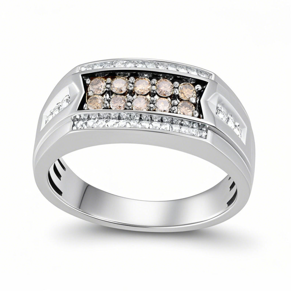 Anillo de bodas personalizado para hombre en oro blanco de 10 quilates con 0,5 quilates de peso total, con diamantes redondos creados en laboratorio, color D, claridad VVS1, 3EX-1