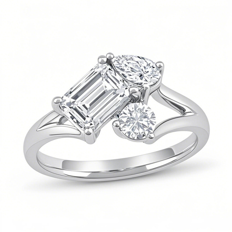 Anillo de compromiso de tres piedras con diamantes creados en laboratorio, talla pera, esmeralda, de 1,5 a 9 quilates de peso total.-3