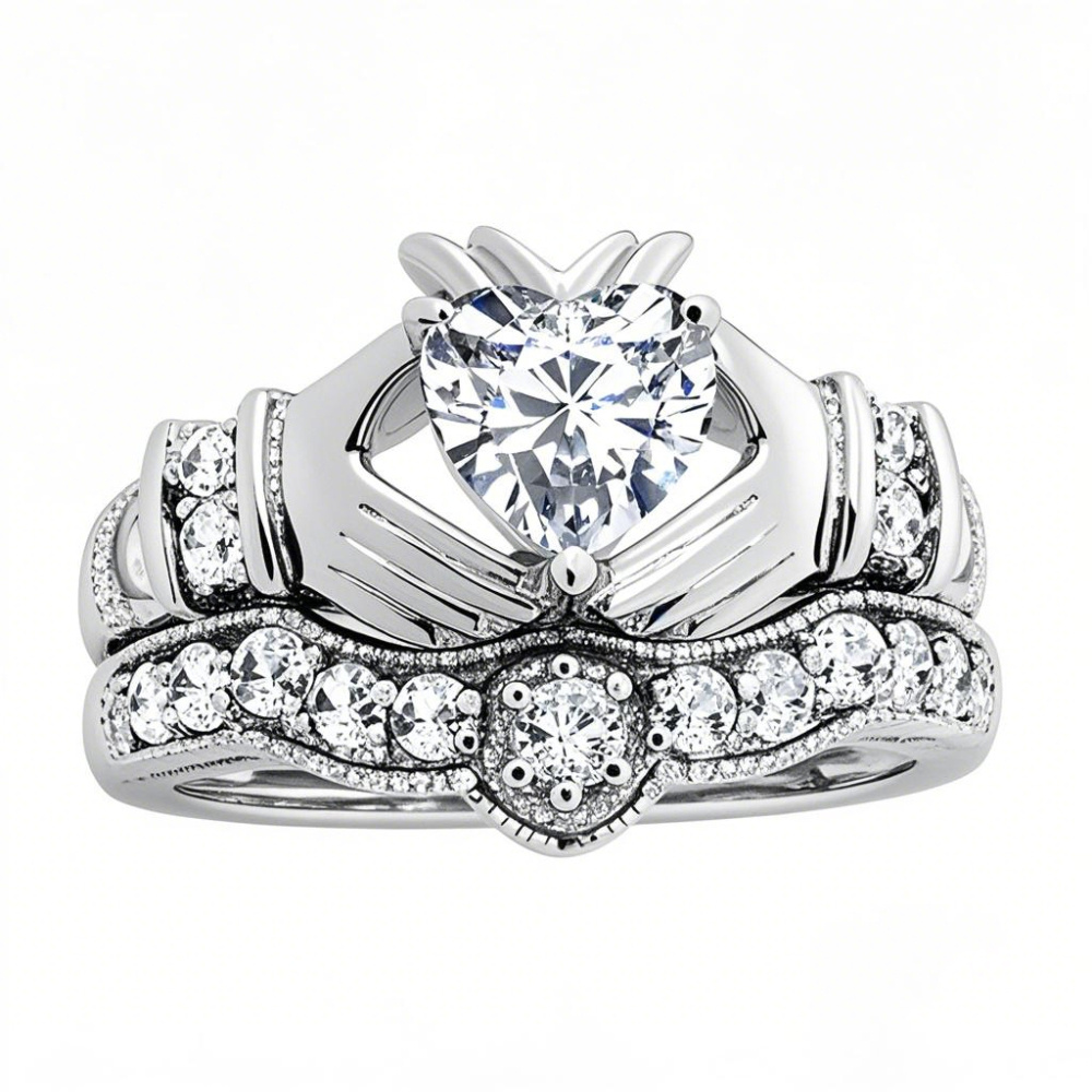 Komplet ślubny Claddagh z białego złota 10K o masie od 1,5 do 5 ct z moissanitem w kształcie serca-1
