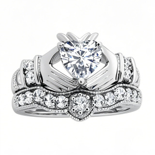 10K White Gold 1.5 to 5 CT Heart Moissanite Claddagh Bridal Set-20