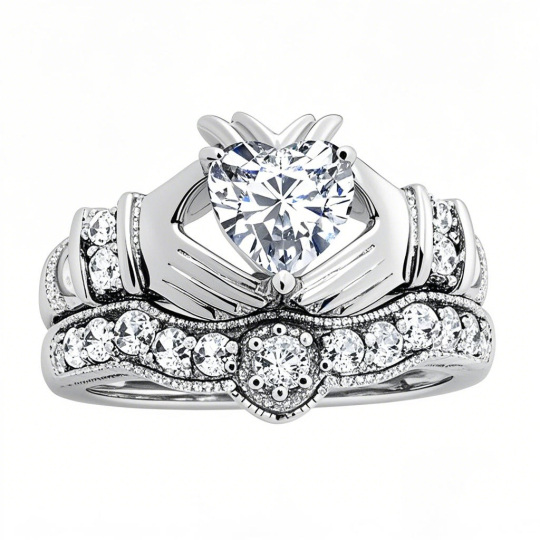10K White Gold 1.5 to 5 CT Heart Moissanite Claddagh Bridal Set