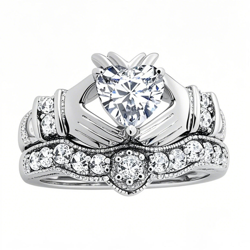 10K White Gold 1.5 to 5 CT Heart Moissanite Claddagh Bridal Set-19