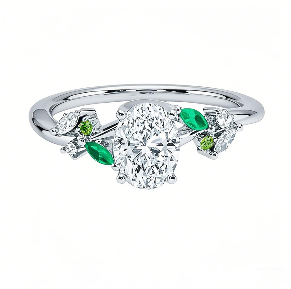 Anillo de compromiso personalizado Arden de oro blanco de 10 quilates de 0,5 a 3 quilates con diamante ovalado creado en laboratorio de 0,1 quilates con esmeralda y certificación IGI.-1