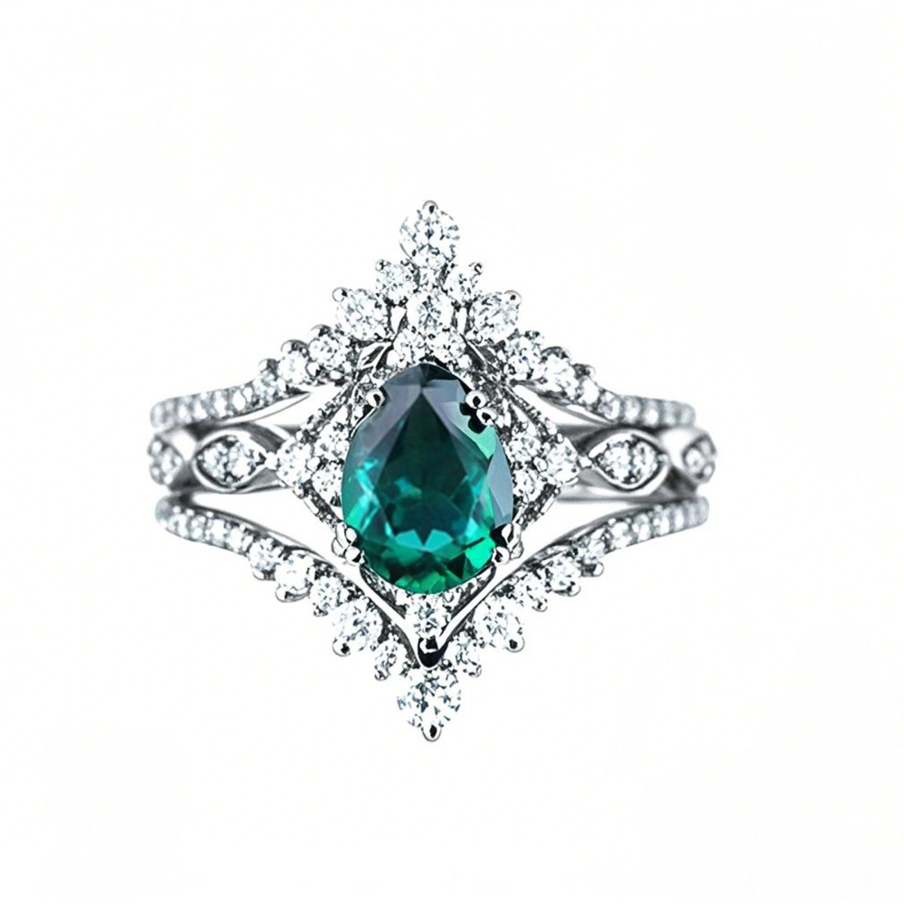 10K White Gold 2.5 to 7.5 CT.T.W. Pear Cut Lab Created Emerald Bridal Set Anniversary Ring-1